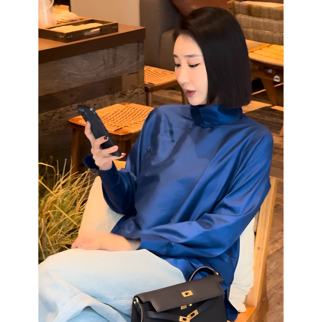 【吉娜王】「蓝眼泪」新中式国潮真丝双宫丝衬衣