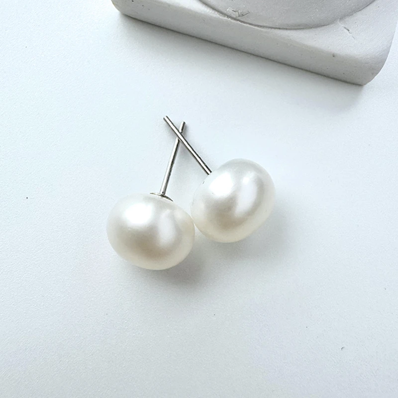淡水无核珍珠 S925银空姐素耳钉9-10mm简约耳钉（四面胖圆）