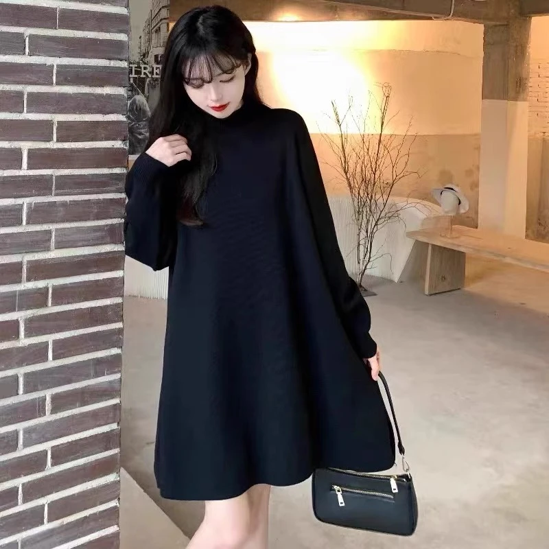 孕妇装秋冬大码宽松加厚针织连衣裙赫本风半高领针织毛衣时尚裙子