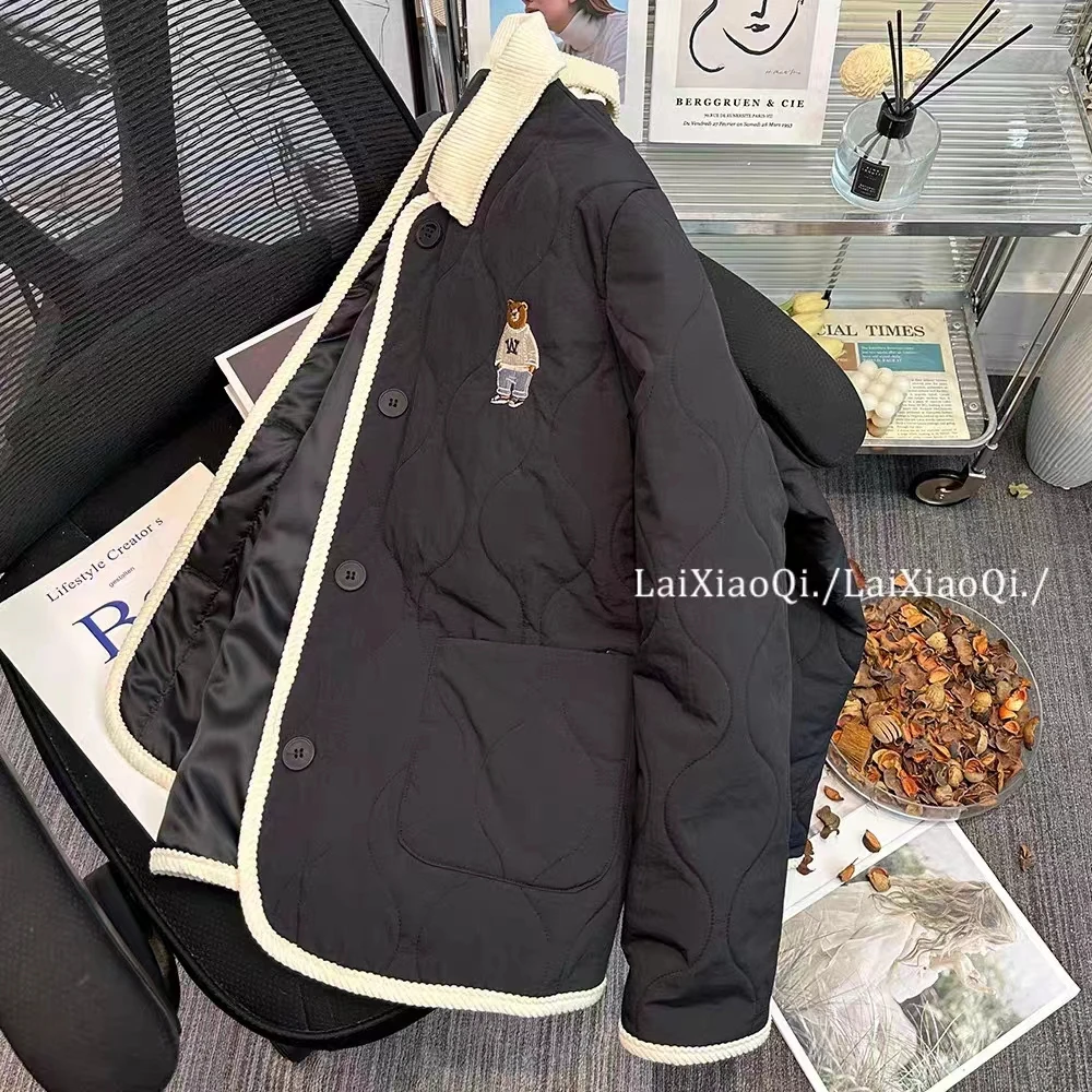韩版ins小熊刺绣菱格棉服女秋冬季宽松棉袄保暖翻领黑色棉衣外套