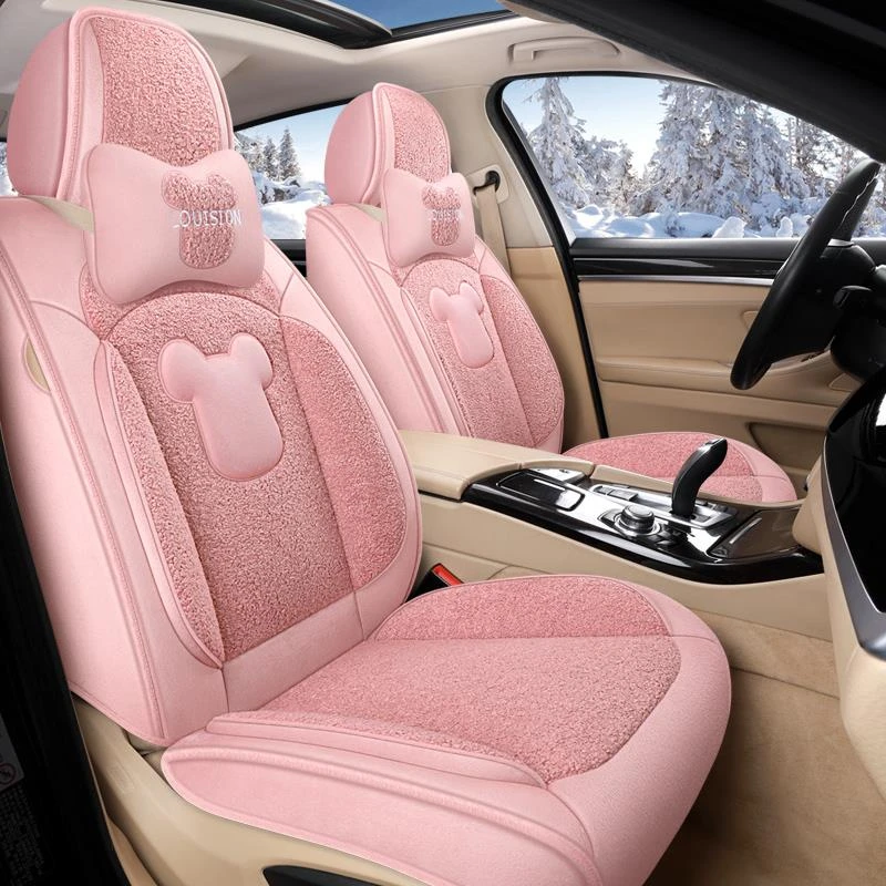 新款汽车坐垫秋冬季加绒加厚全包卡通羊羔绒座套保暖短毛绒座椅套