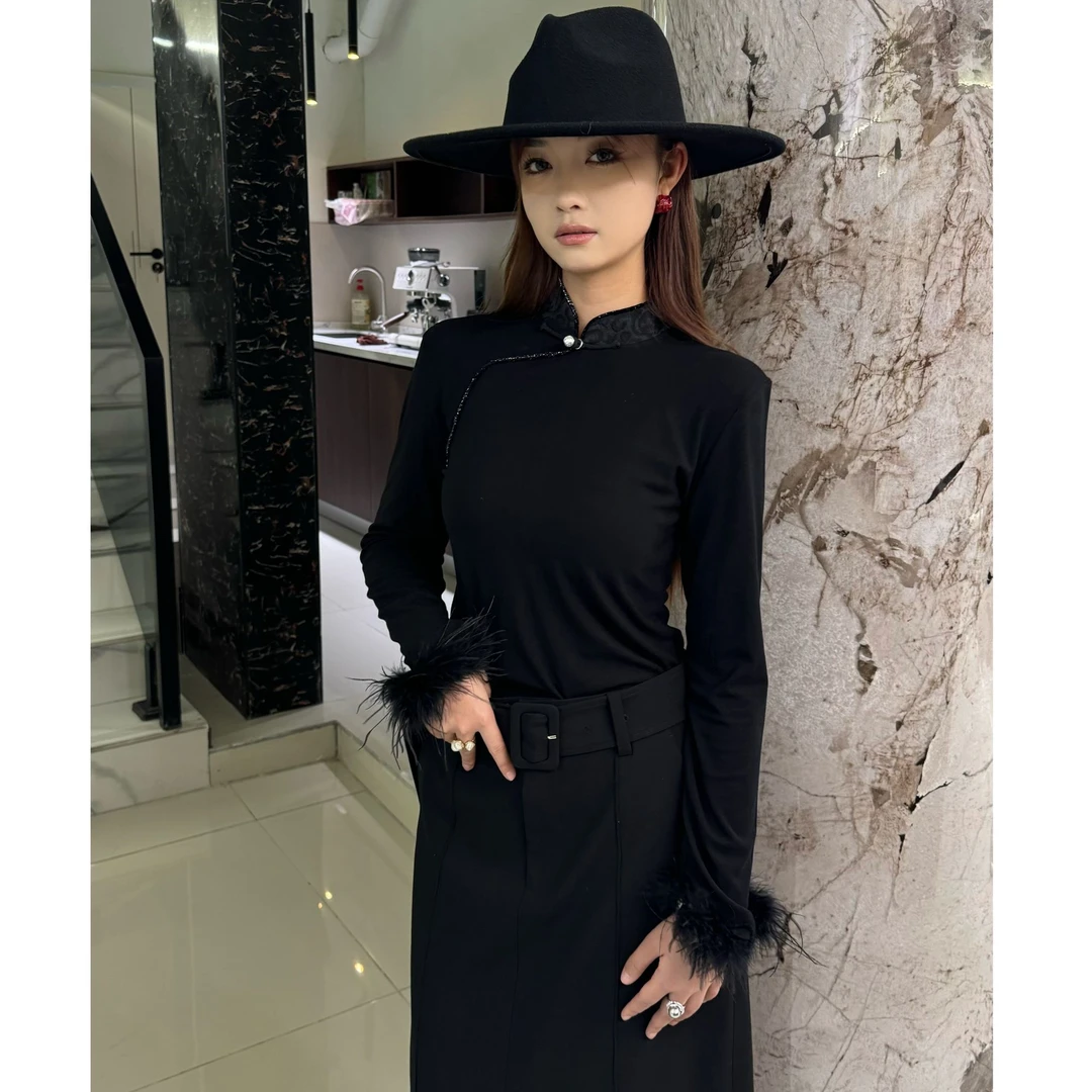 【卓日雅】7724民族风蒙古元素毛毛袖立领打底衫