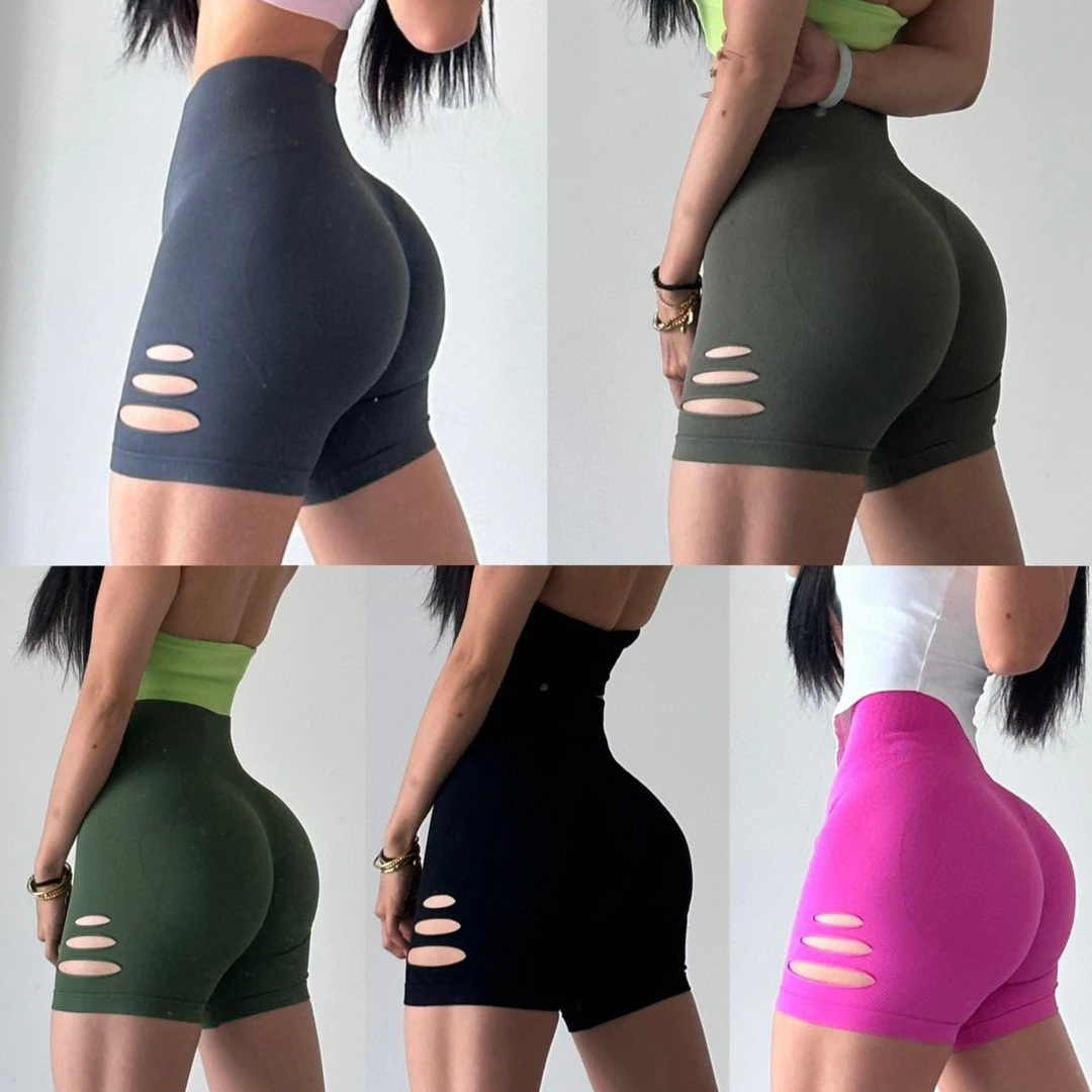 小蒋家-小破洞无缝针织运动瑜伽短裤高腰提臀休闲显臀蜜桃健身裤