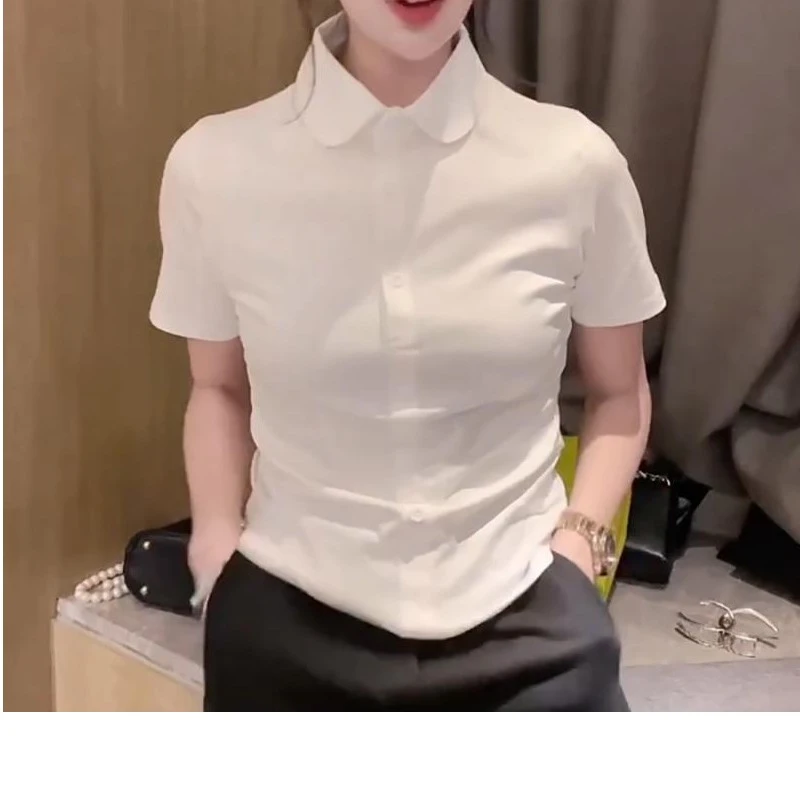 韩系chic修身显瘦polo领夏季气质衬衫女夏高级感洋气内搭小衫上衣