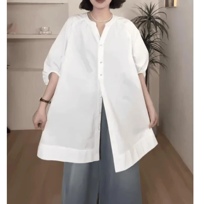 文艺风日系简约泡泡袖套头衬衫女夏季新款宽松百搭中长款娃娃小衫