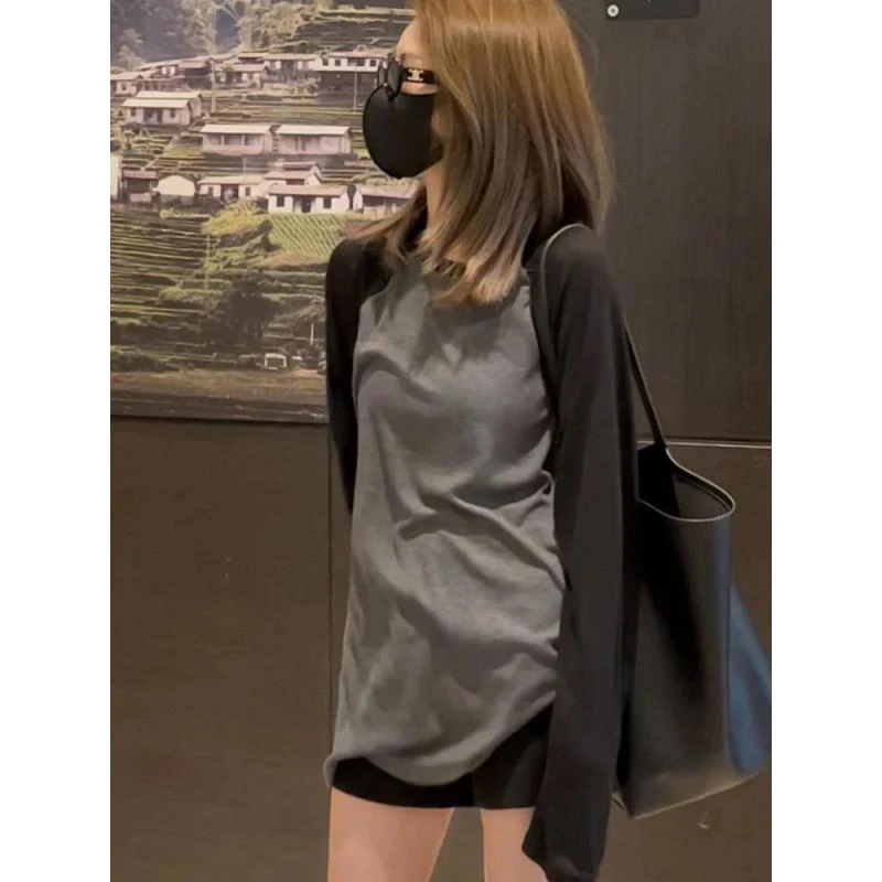 时尚简约插肩撞色长袖T恤女秋2023新款宽松大版休闲薄款打底上衣