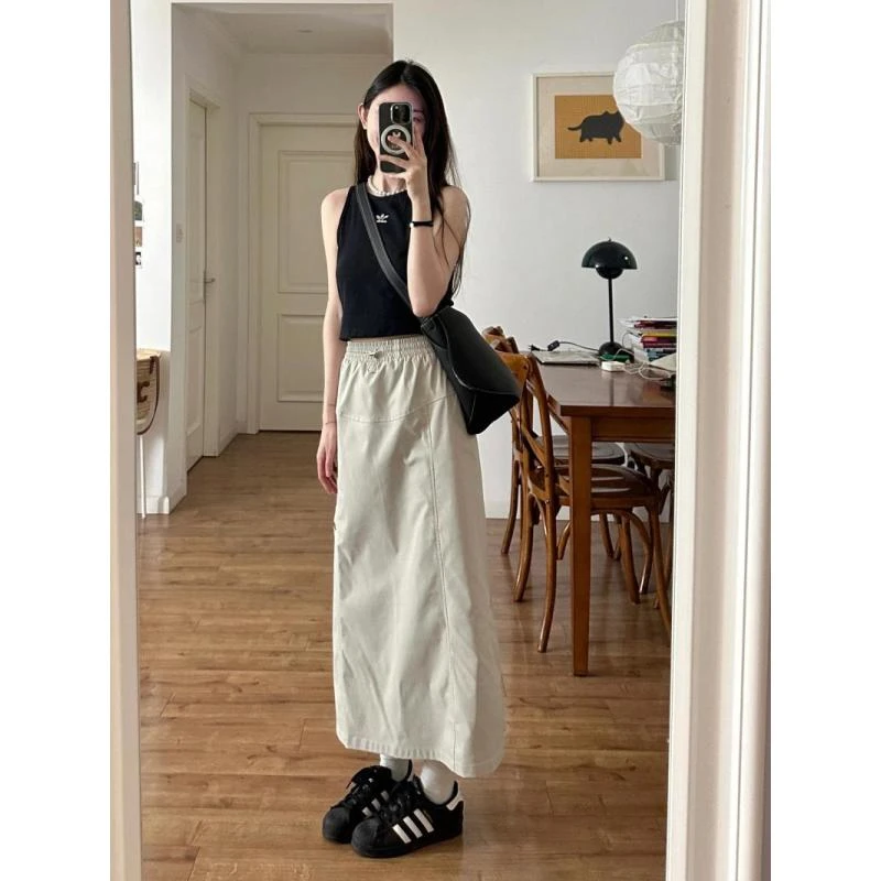美式复古口袋工装裙子夏季高腰a字律动莫兰迪百搭中长款半身裙女