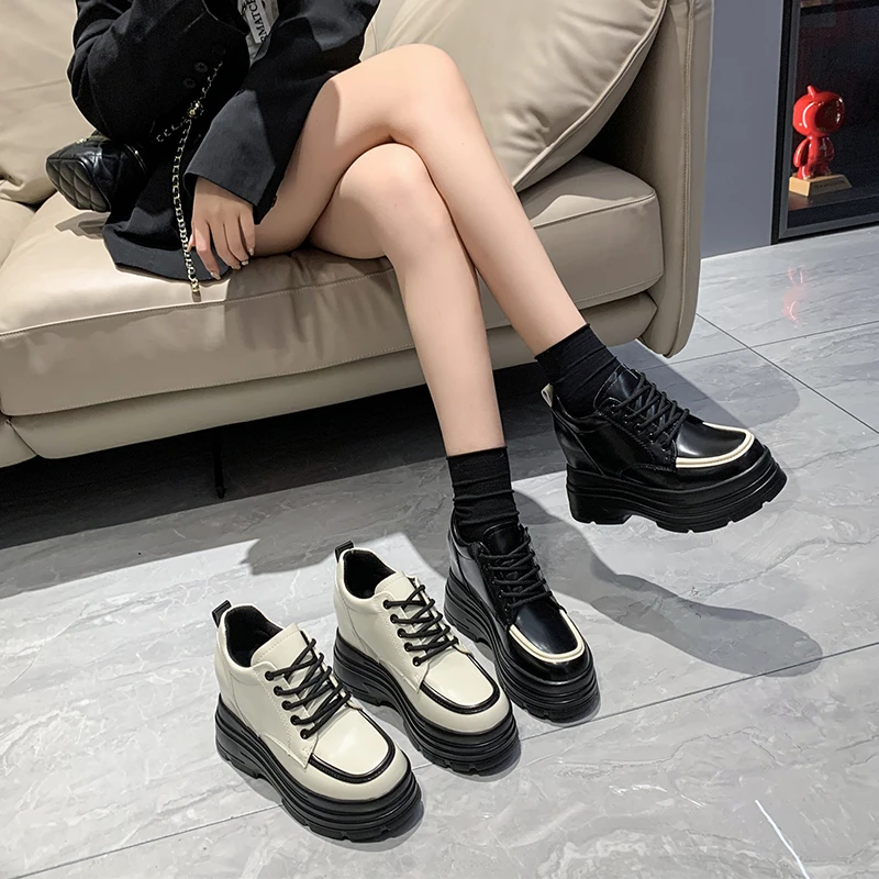 10cm内增高小皮鞋女英伦风2023春季新款真皮百搭厚底松糕休闲单鞋