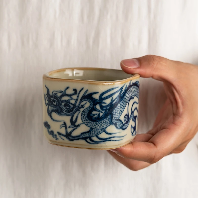 汝窑茶杯缸杯主人杯个人专用高档中式开片可养青花龙纹喝茶杯茶盏