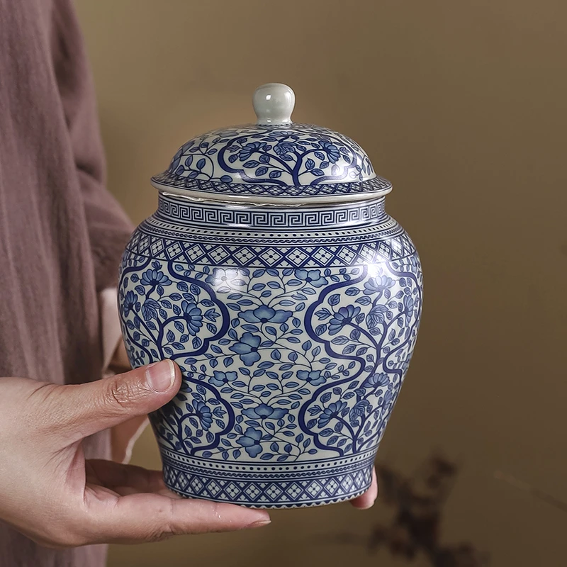 汝窑青花陶瓷家用中式茶叶密封罐储存罐茶叶罐半斤复古高档纯手工