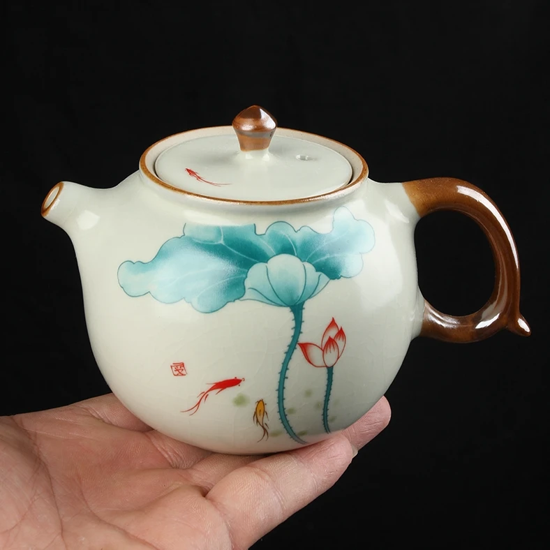 黄汝窑可开片荷花壶手工轻奢高档提中式大容量功夫茶杯复古创意