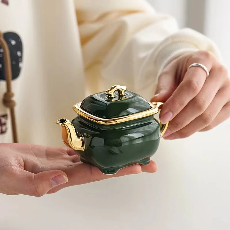 陶瓷茶壶创意泡茶壶珐琅彩四方壶沏鎏金茶壶复古功夫茶具家用单壶