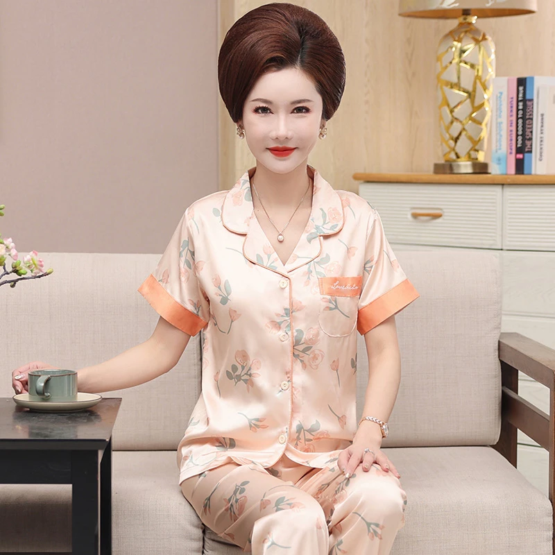 中年妈妈冰丝开衫短袖长裤大码薄款仿真睡衣丝绸家居服两件套