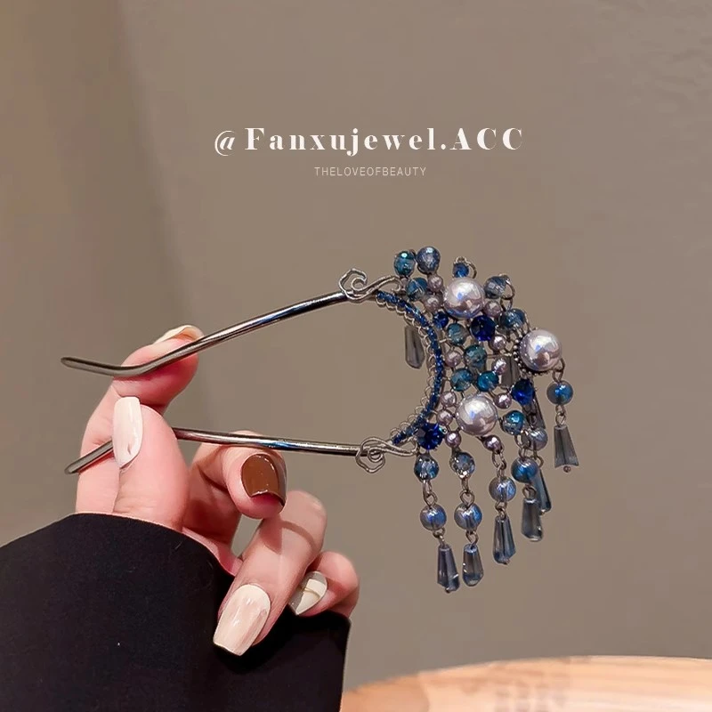 高级感水晶流苏u型发簪女2024新款古风气质盘发簪子发钗中式头饰