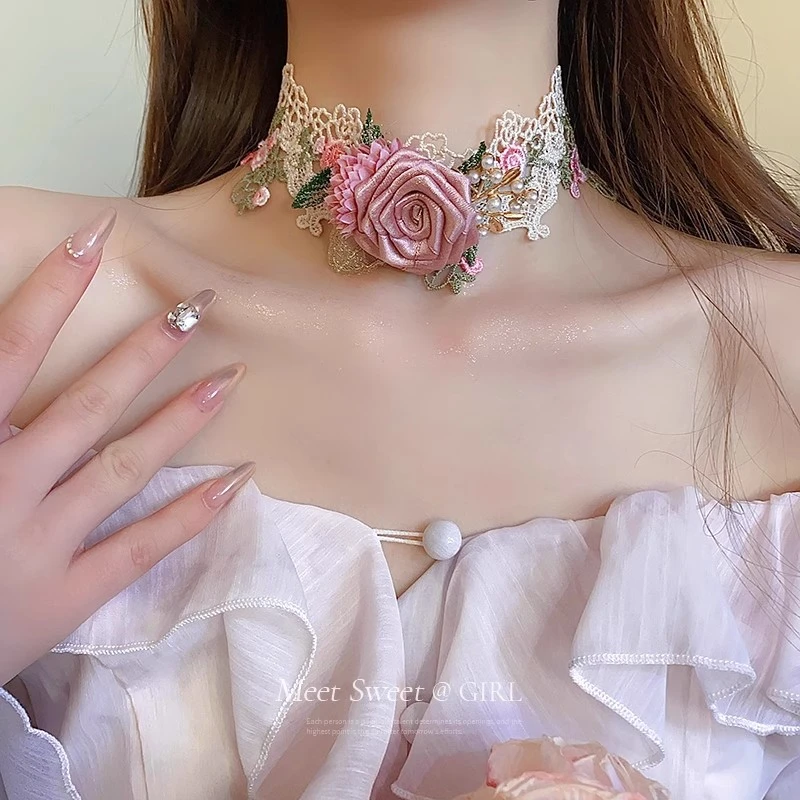 非金属布艺项链 粉色蕾丝花朵项链蕾丝choker颈带项圈脖子配饰女