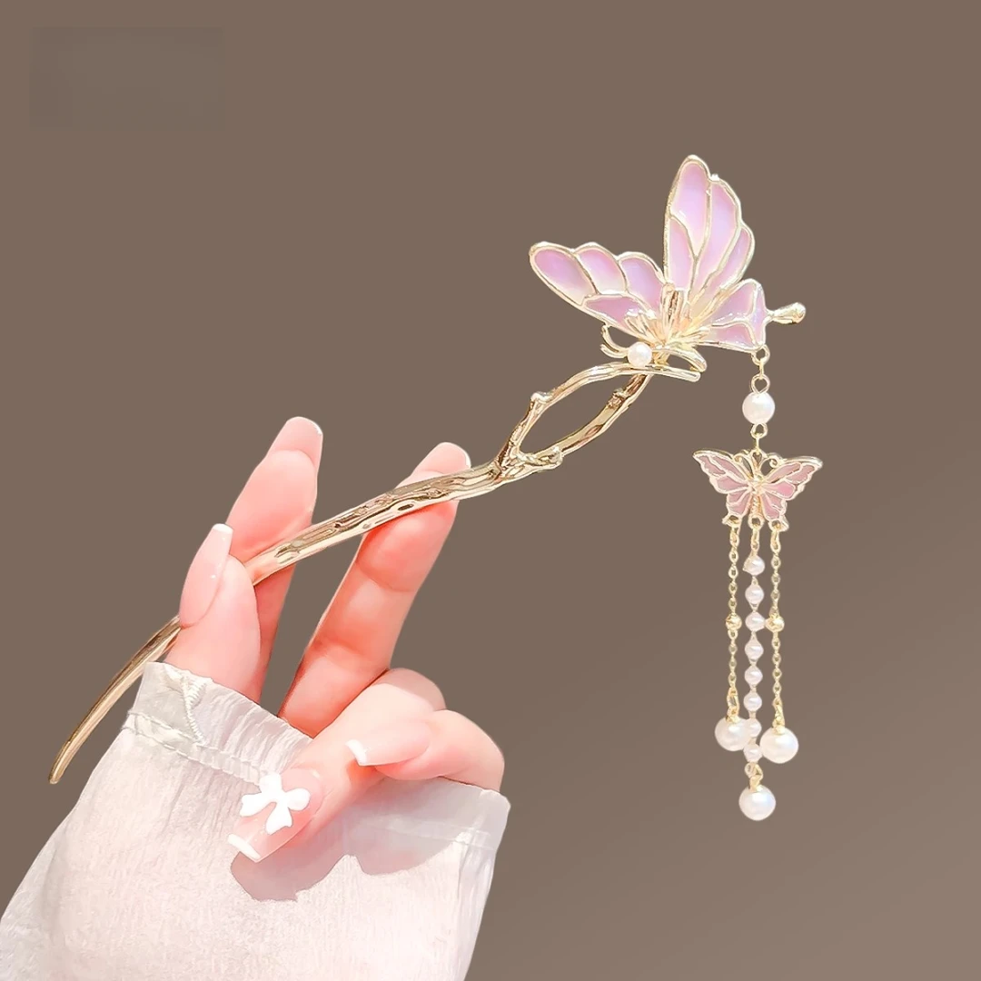 新中式国风蝴蝶发簪女古风珍珠流苏步摇盘发簪子气质发钗汉服配饰