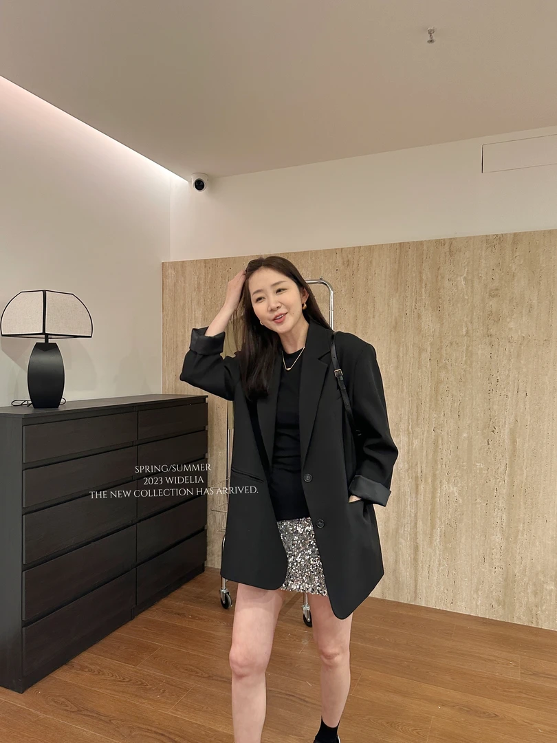 widelia春秋新款韩系宽松时尚休闲百搭通勤黑色气质西装外套7009