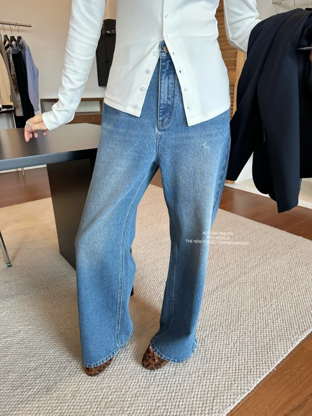 widelia秋季韩版复古水洗做旧牛仔裤女17012宽松显瘦阔腿直筒裤