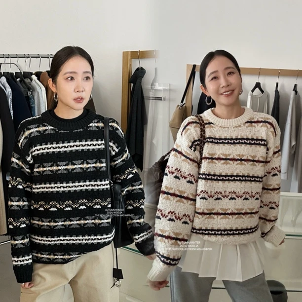 widelia秋冬08199韩版复古宽松圆领针织慵懒风提花套头圣诞毛衣女