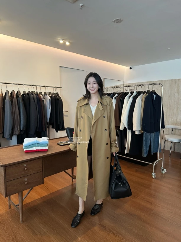 widelia秋季新款韩版长款风衣女9021复古高级过膝双排扣宽松外套