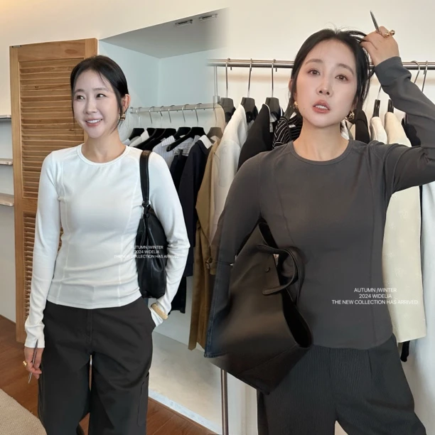 widelia秋季韩版设计感线条圆领打底衫女9026显瘦长袖修身打底T恤