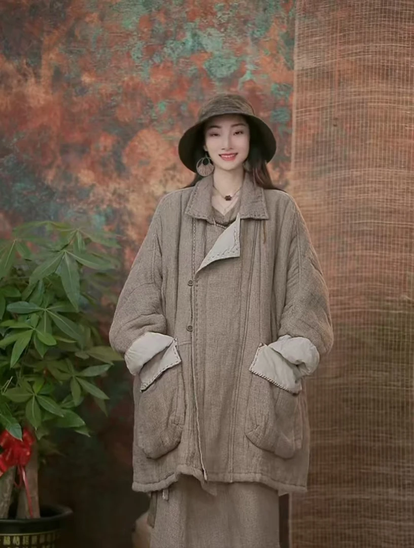 静一分享【知鹤】#2411016 粗麻多手工翻领大口袋中长棉服