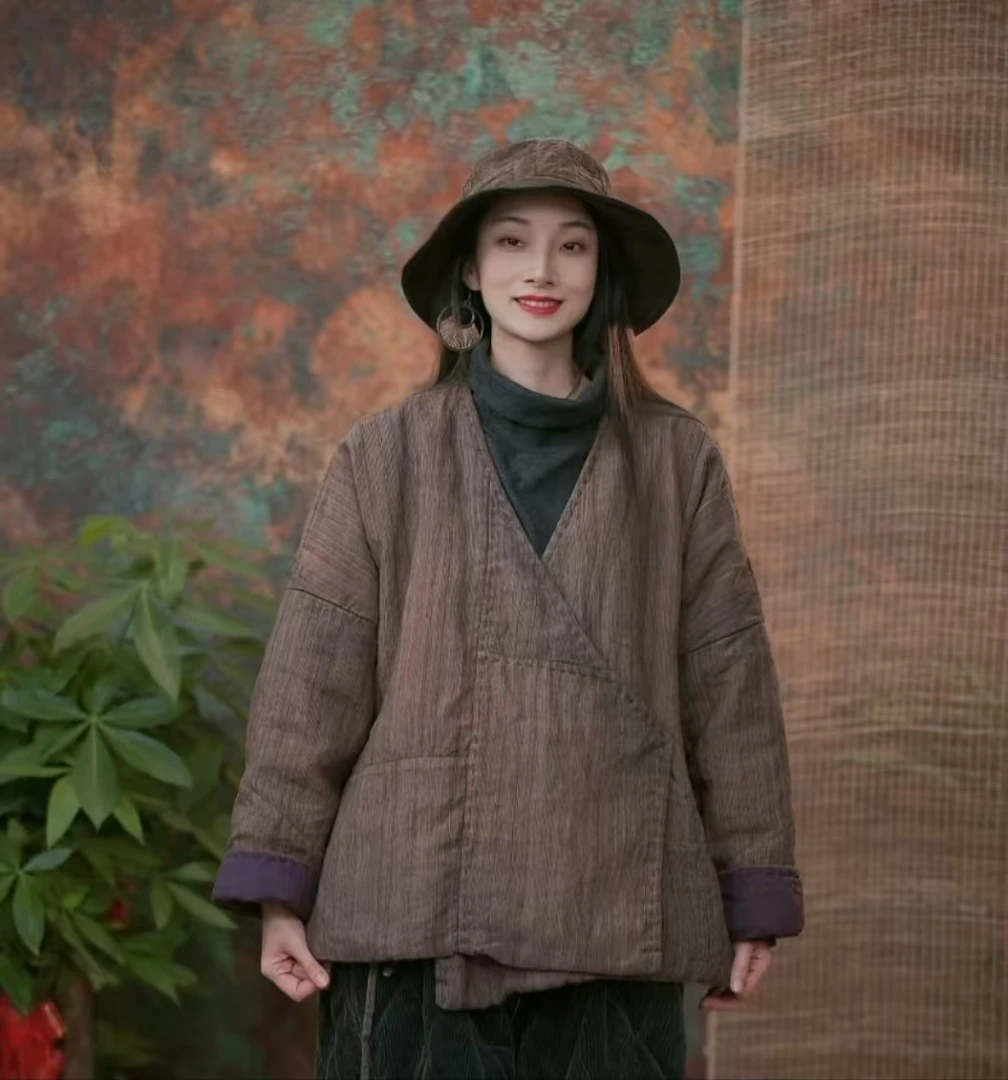 静一棉麻【松月】#188738 色织条纹短款上衣系带棉服