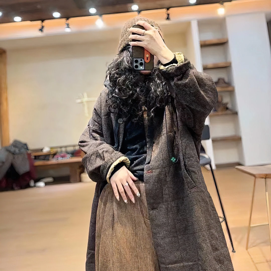 静一分享【衣牧了然】色织羊毛混纺中长款切格棉服