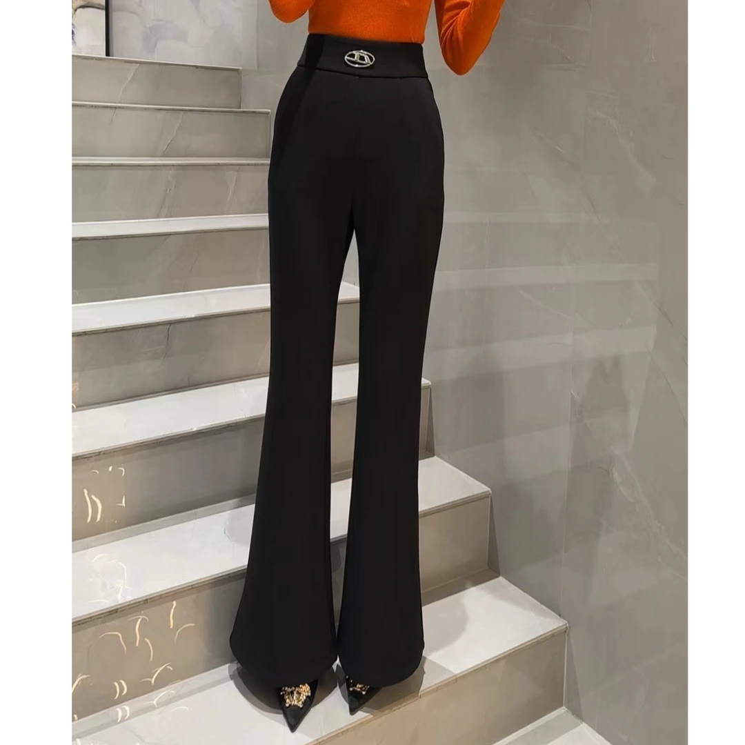 EF/意爱芙新品高腰修身百搭微喇长裤KM10090黑色西裤西装裤裤子