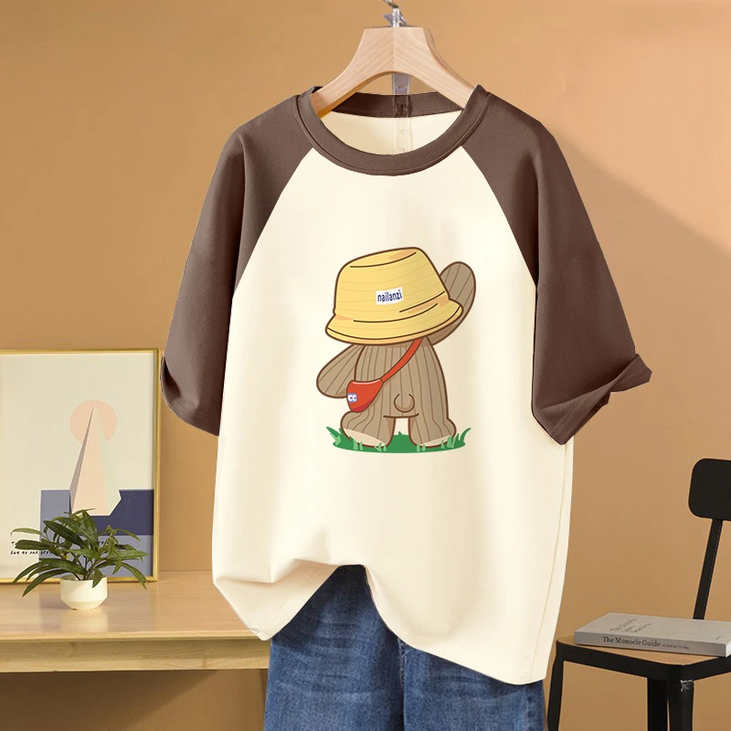 大码正肩短袖T恤女2023夏季新款纯棉插肩袖港味复古chic遮肚上衣
