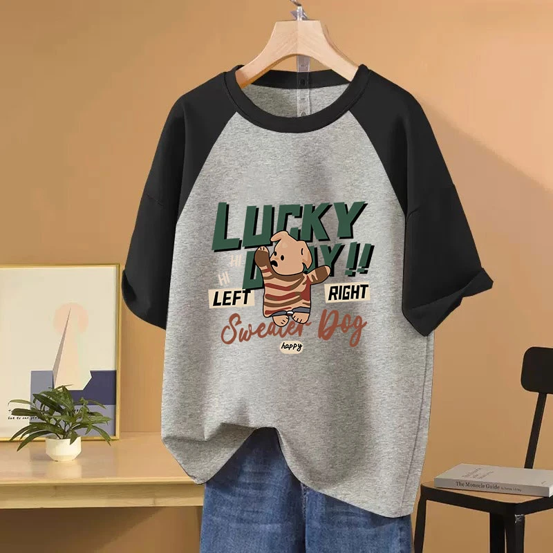 2024年新款大码宽松休闲插肩袖纯棉短袖T恤女时尚洋气显瘦上衣服