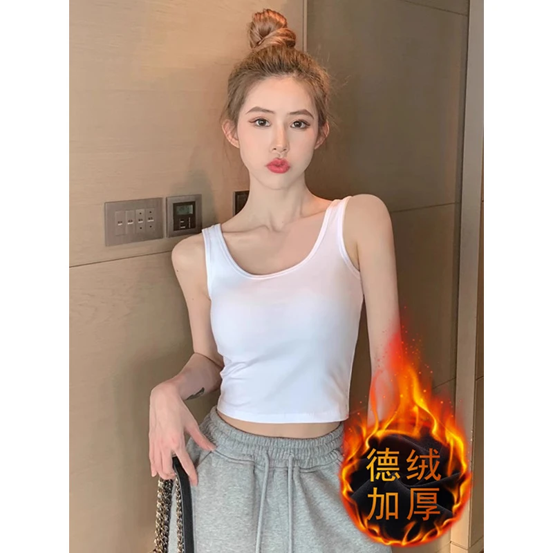 白色吊带加绒背心女内搭短款运动无袖打底紧身性感高腰露脐上衣