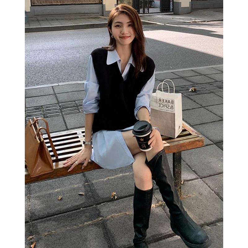 黑色v领针织马甲毛衣背心女2023年春秋宽松纯色外搭马夹无袖坎肩
