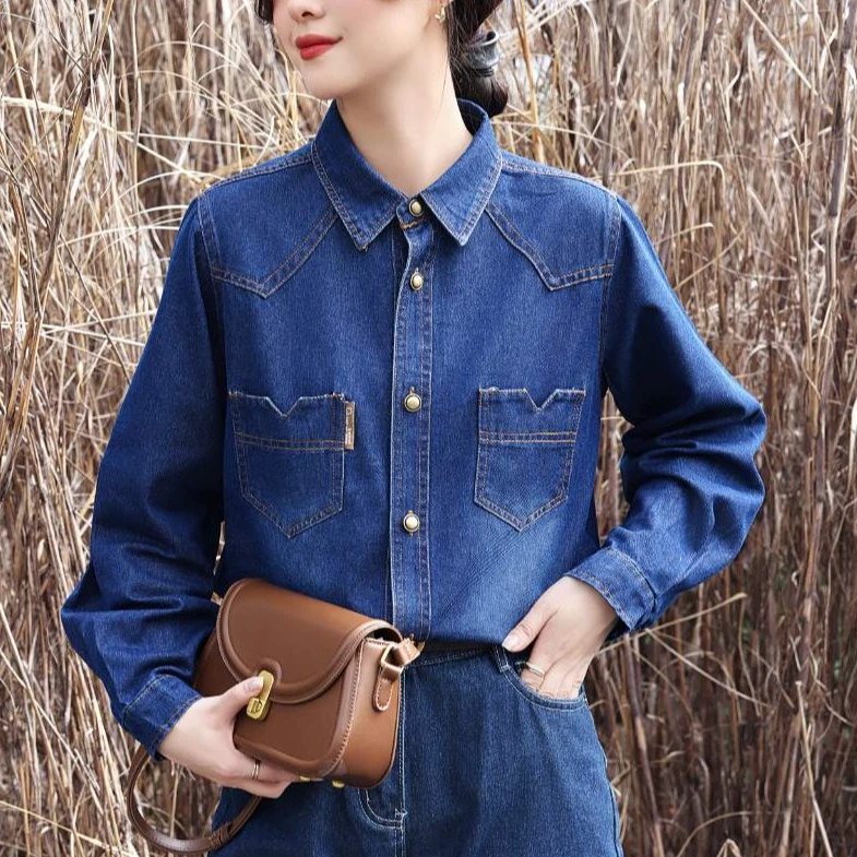 SzBlaZe秋季新款复古中长款宽松内搭叠穿上衣牛仔长袖衬衫女2099