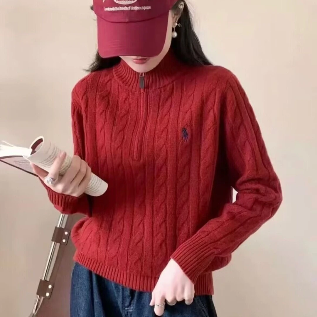 SzBlaZe战马刺绣立领半拉链套头高领毛衣秋冬休闲百搭麻花针织衫