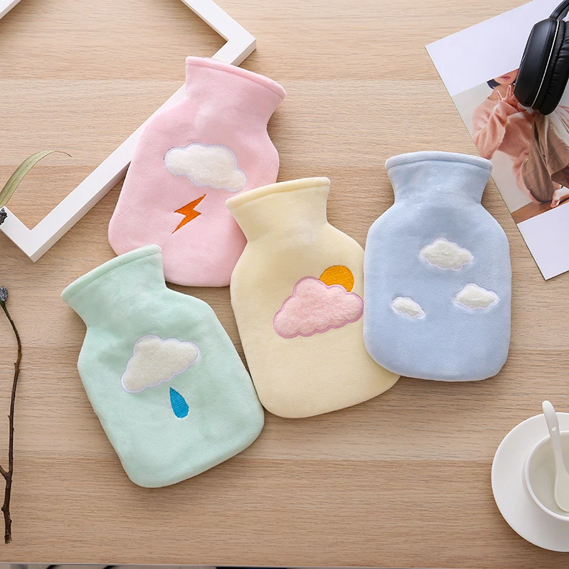 厂家直销 新款天气图案注水热水袋 创意毛绒布套暖手宝橡胶热水