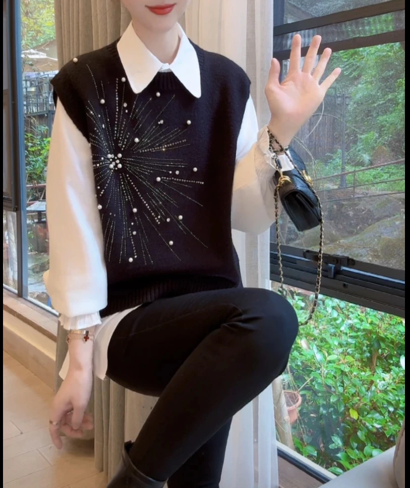 高级感欧货钉珠圆领针织马甲背心女秋冬洋气时尚叠穿马甲背心针织