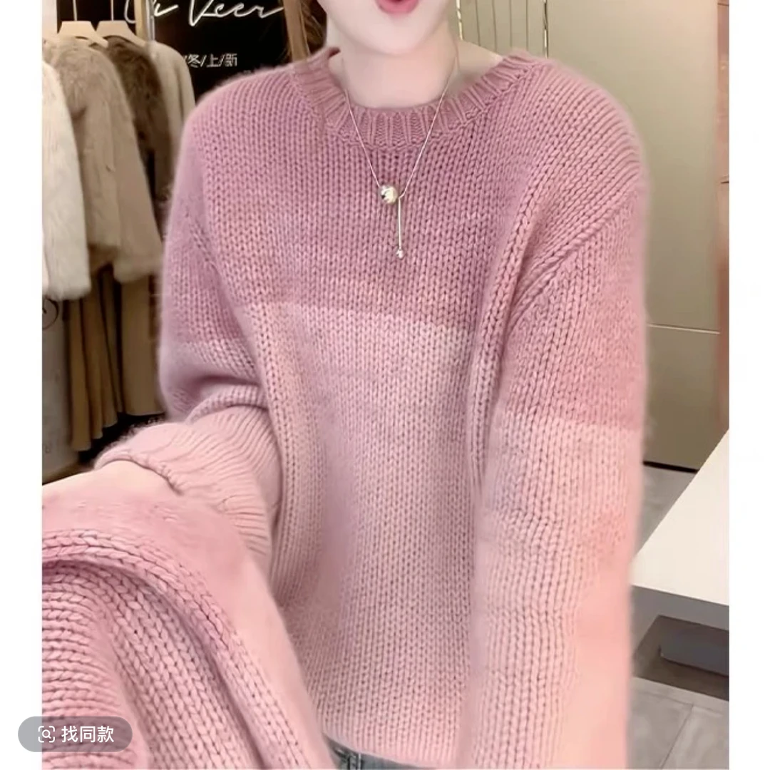 圆领拼色渐变长袖针织衫女秋冬新款韩版慵懒风加厚打底衫百搭毛衣