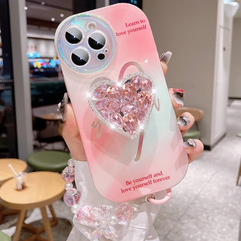 适用于苹果13手机壳iPhone14promax粉色水晶爱心支架12女款11网红