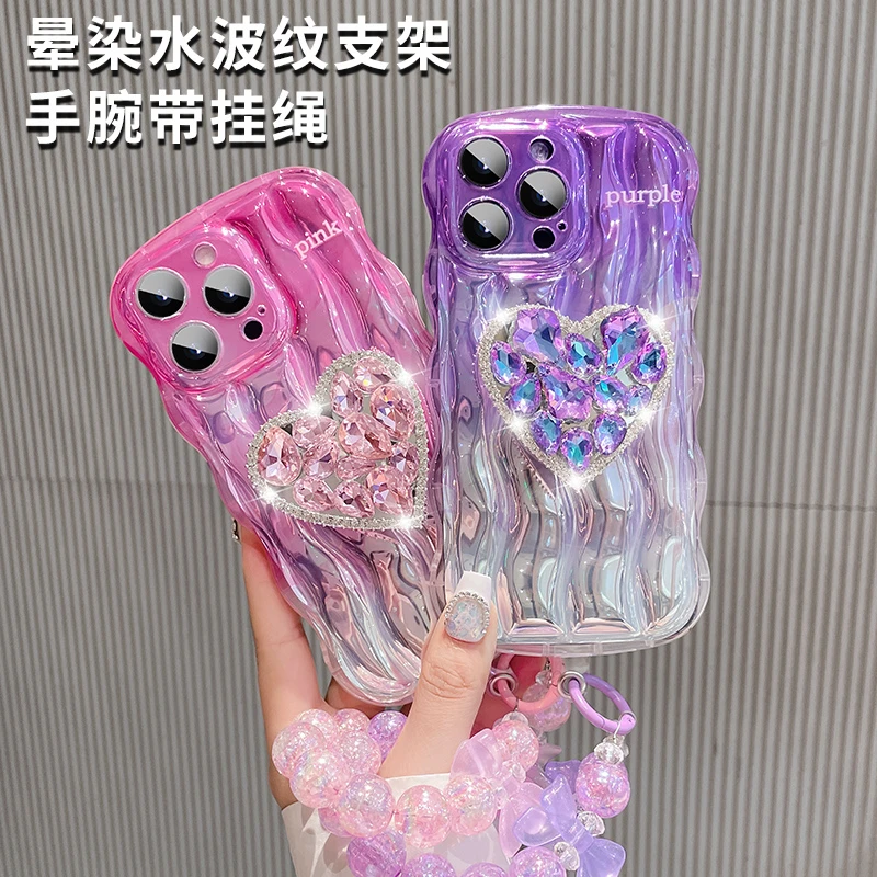 适用于iPhone14promax手机壳苹果13水波纹挂绳12爱心支架11高级感