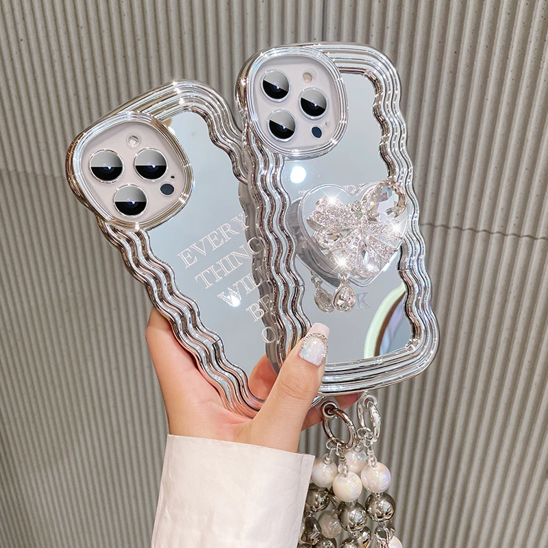 适用于苹果14promax手机壳隐形支架iPhone13银色镜面12女款11挂绳