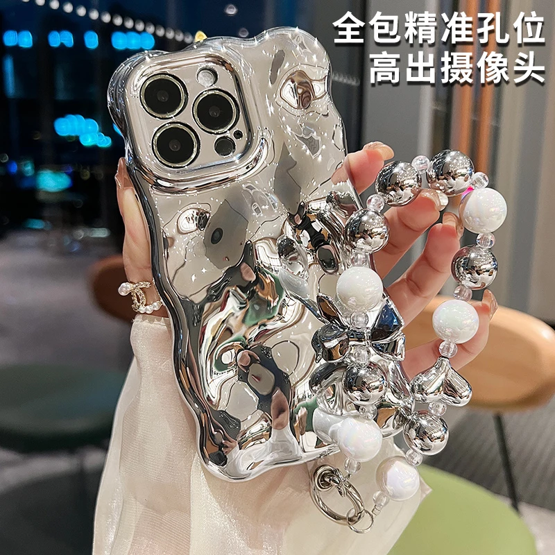 适用于苹果14promax手机壳银色星球水钻iPhone13带挂绳12女款11潮