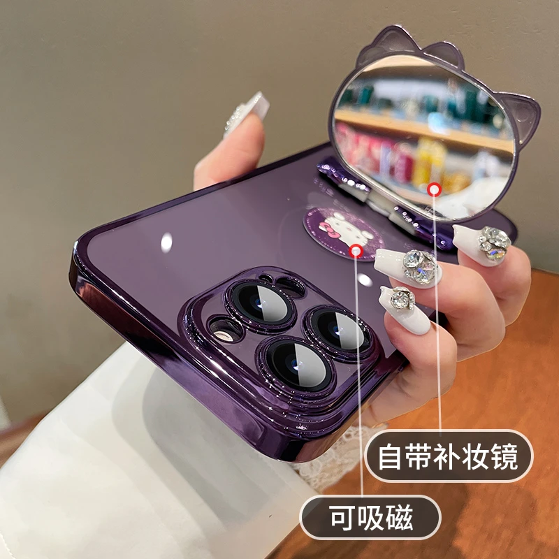 苹果14手机壳女款iPhone13电镀猫咪补妆镜子11紫色创意12网红ins