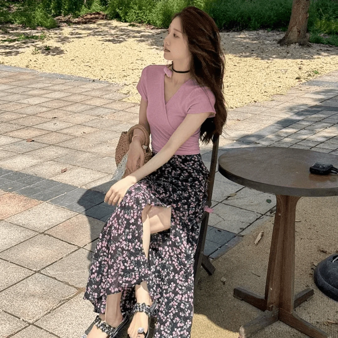 温柔风法式玫瑰花绑带V领上衣+高腰不规则千金清冷感贵系衣服套装