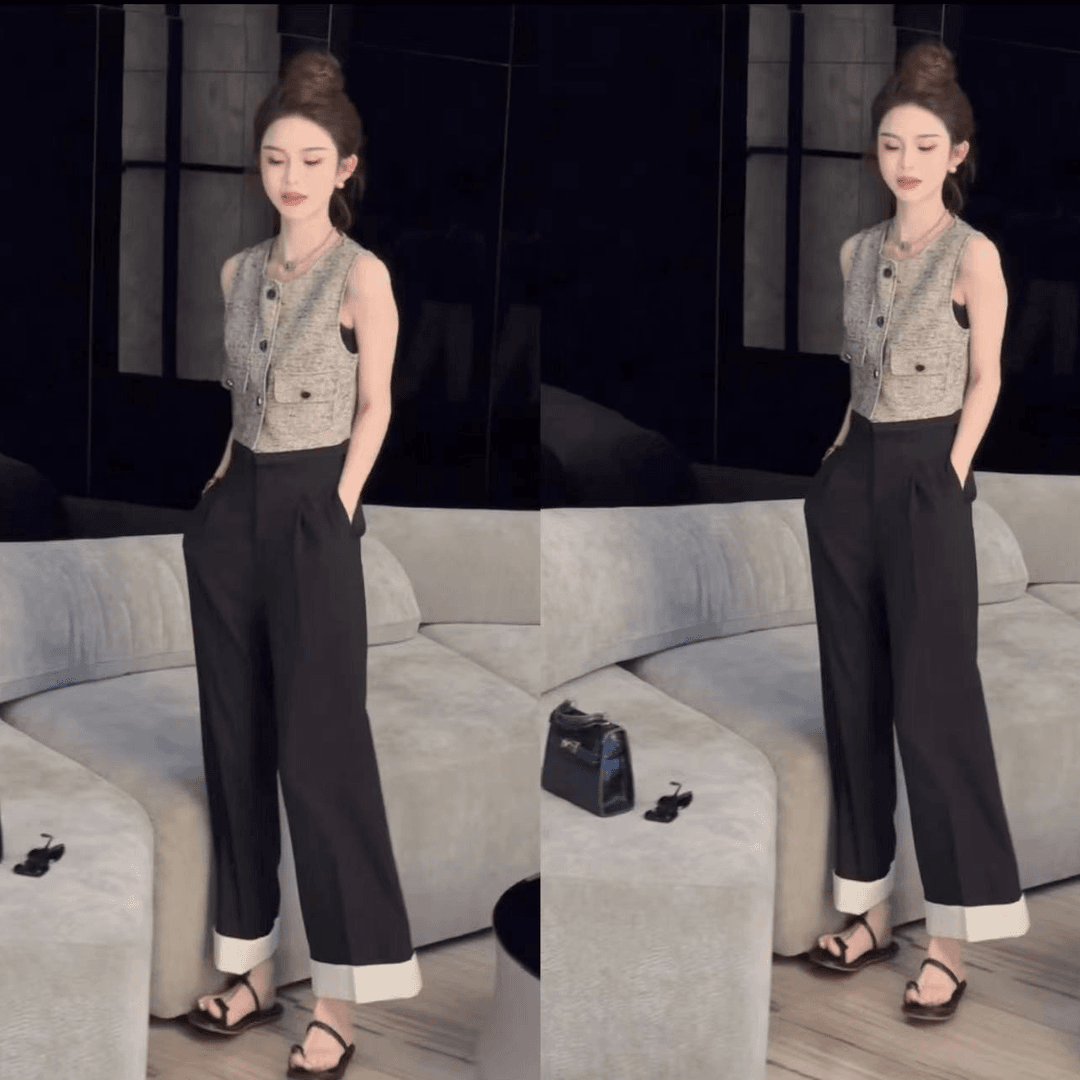 圆领单排扣无袖坎肩马甲背心卷边撞色直筒九分裤套装