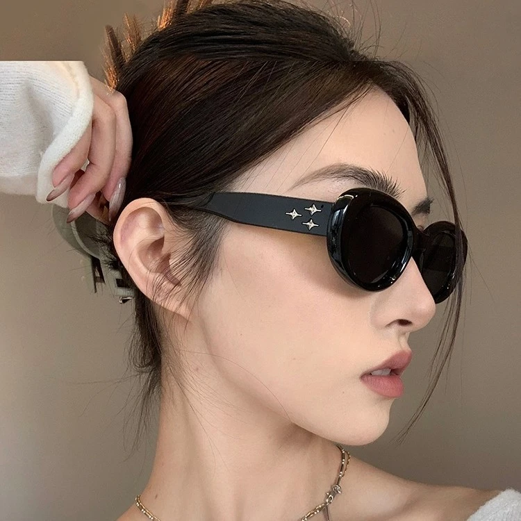 三个星星时尚Y2K潮流太阳眼镜男女士凹造型防紫外线圆框拍照墨镜