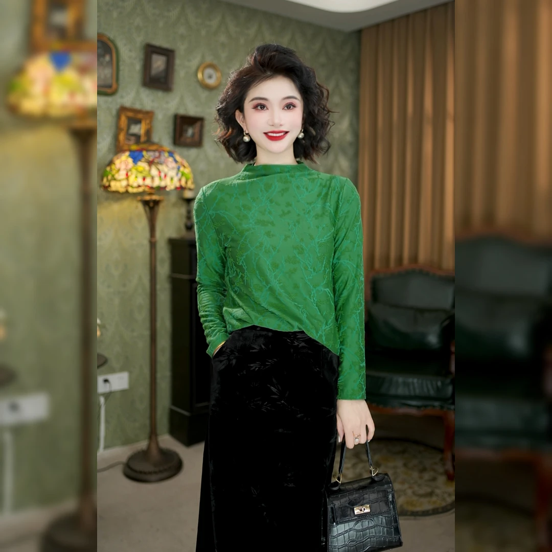 新中式秋季新款年轻气质百搭T恤长袖洋气半高领纯色内搭上衣F9935