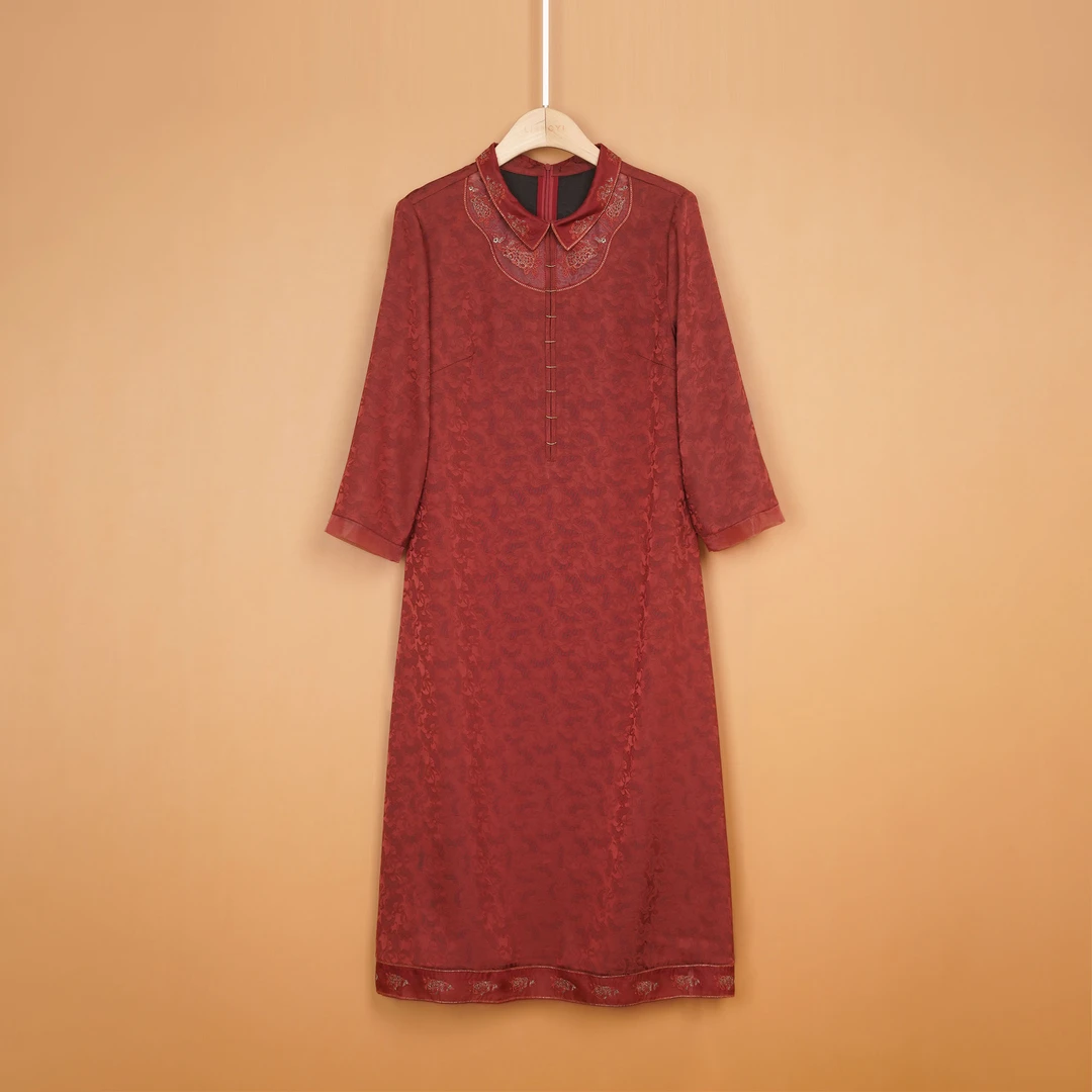 原创【兰溪行】2024春秋季新款中式长袖复古提花刺绣连衣裙E6533-1