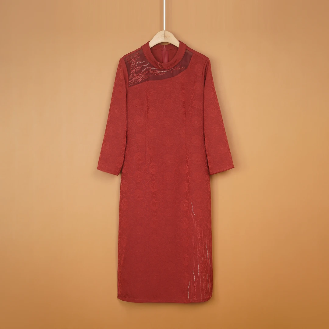 丝源阁原创【圆满】新中式重工刺绣秋装新款中年妈妈连衣裙E6399-2