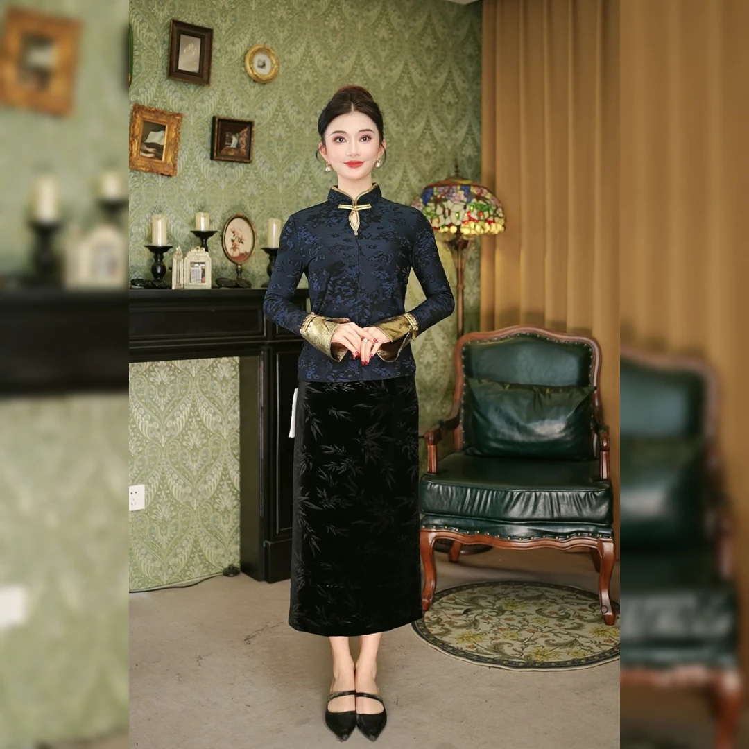【君子】新中式国风黑色丝绒半身裙女秋冬2024新款后开叉长裙E6902